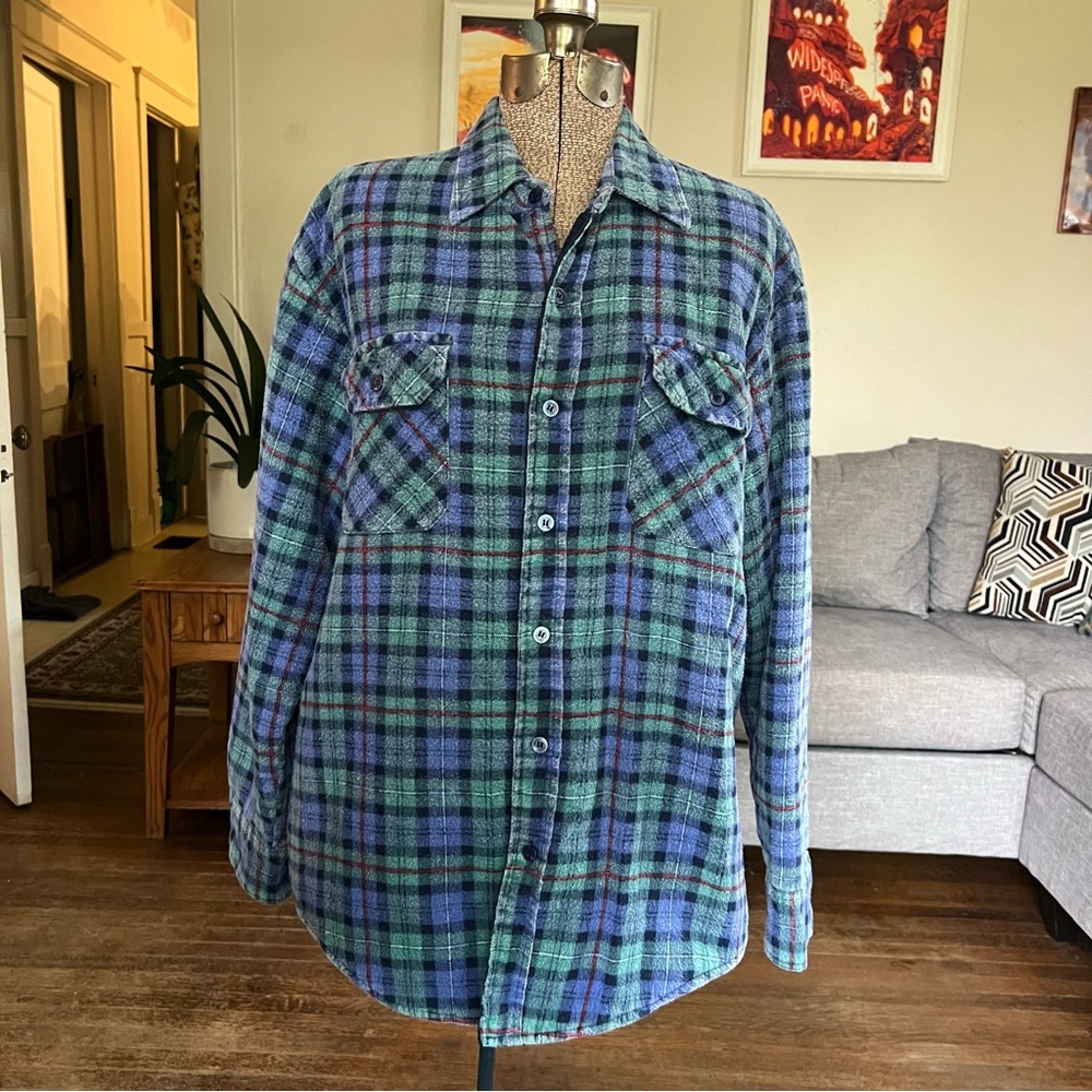 SPORTS AFIELD - MENS - VINTAGE LINED FLANNEL - LARGE - BLUE/GREEN